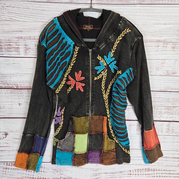 Rising International Zip up Hoodie Jacket L Patchwork Nepal Sage Multi Geo Boho - Picture 1 of 9